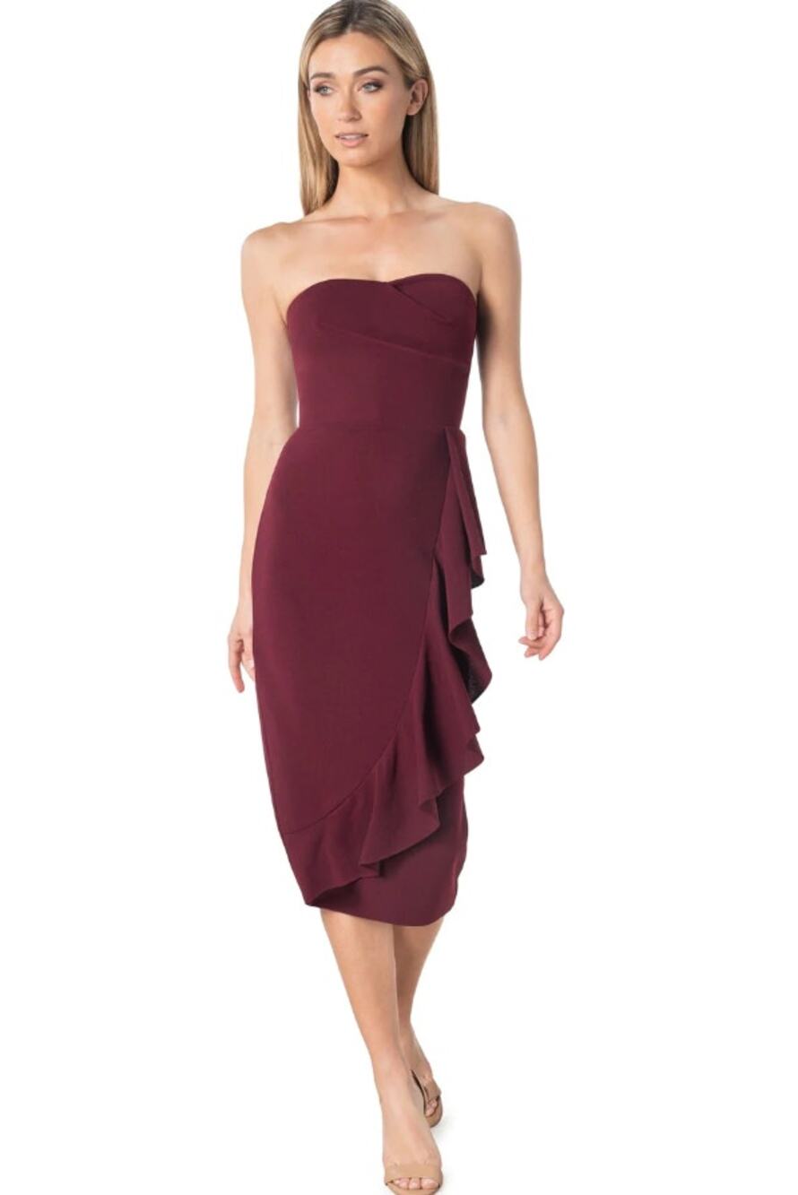 DRESS THE POPULATION Liv Midi Dress XS Red Burgundy Strapless Ruffle Bodycon NWT